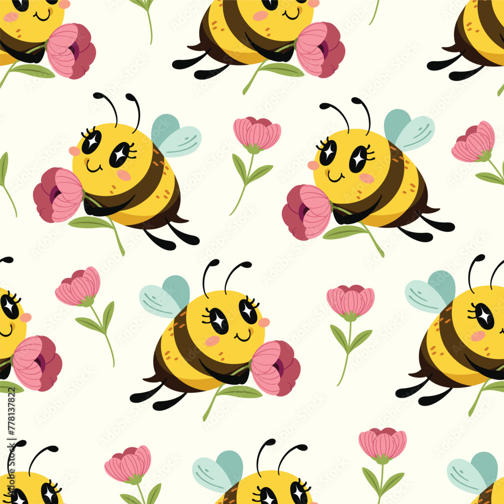 Seamless pattern of cute little bee holding a pink flower. The hard-working little bee smiled brightly. Pattern for fabric and wrapping paper, Pattern for design wallpaper and fashion prints.