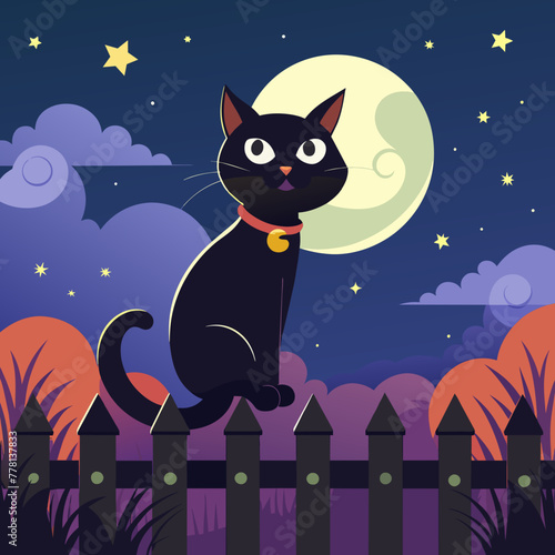 Whimsical portrait of a mischievous black cat perched atop a moonlit fence, with its tail swishing in the cool night air