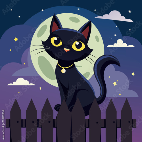Whimsical portrait of a mischievous black cat perched atop a moonlit fence, with its tail swishing in the cool night air