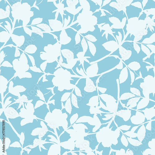 Seamless pattern of minimalist silhouette flower two-tone with blue background. Modern floral pattern, Vintage floral background, Pattern for design wallpaper, Gift wrap paper and fashion prints.