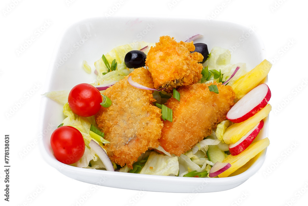 Fried fish with salad in a bowl isolated on a white background Fried fish with salad in a bowl isolated on a white background