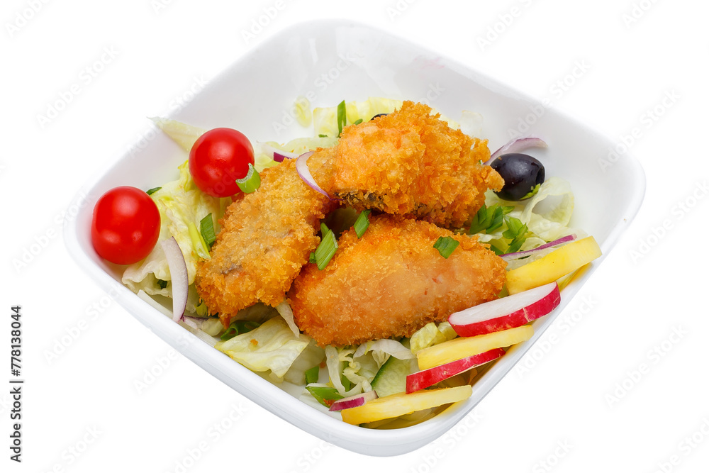 Fried fish with salad in a bowl isolated on a white background Fried fish with salad in a bowl isolated on a white background