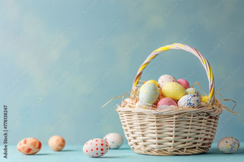 illustration of a background image showing a number of colored eggs in a rattan basket illustration of a background image showing a number of colored eggs in a rattan basket