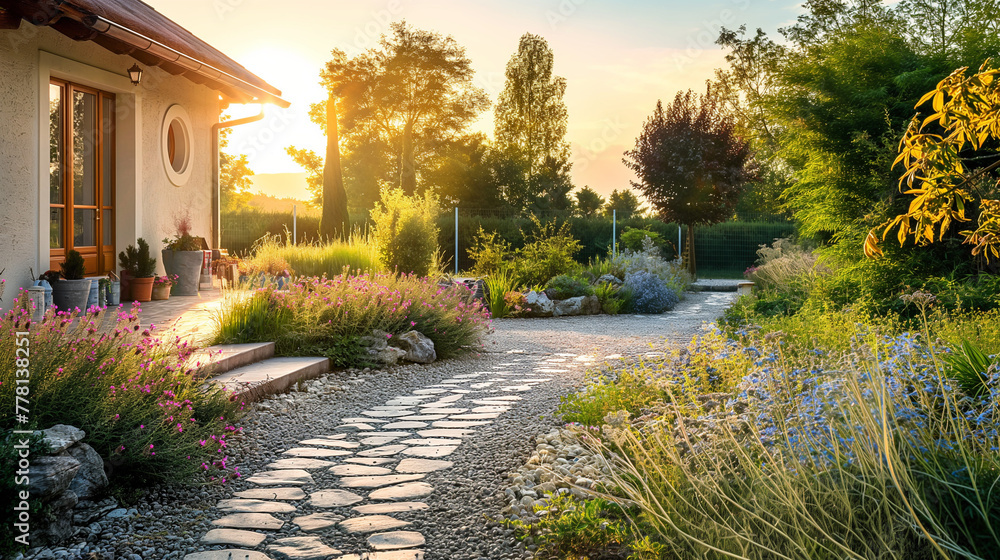 Obraz premium Sunset View of a Path in a Lush Garden, Tranquil Home Exterior. Rustic Front Yard of a Country House Wildflowers