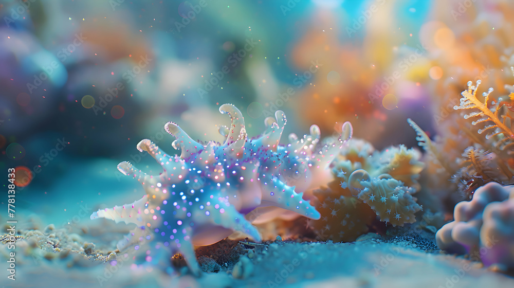 A close-up of a sea cucumber resting on the sandy ocean floor, surrounded by vibrant coral reefs, with a dreamy blur creating a sense of depth