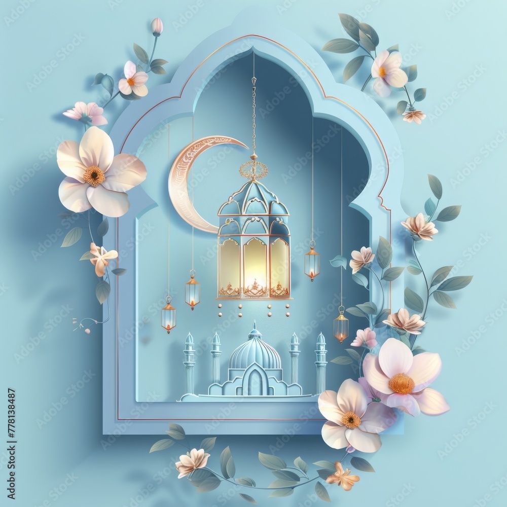 Illustrated image of a mosque with a Islamic feel, with a soft, charming color background, very suitable for holiday greeting cards