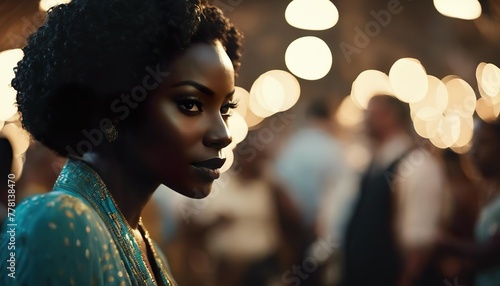 Beautiful young African woman. Profile of a brunette with an elegant hairstyle and expressive brown eyes with large gold jewelry in a luxurious dress photo