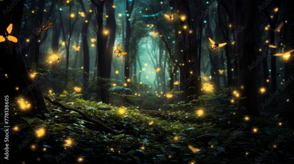 Fototapeta premium Glowing fireflies in a magical forest
