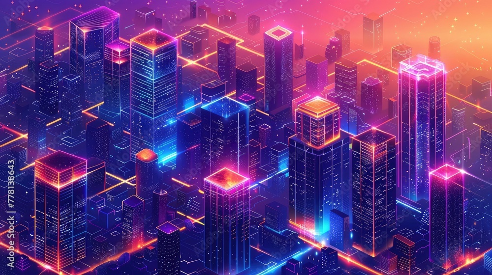 Vibrant Isometric Cityscape at Dusk with Interconnected Digital Platforms Showcasing Diverse Shopping Products