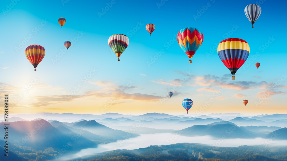 Naklejka premium Panoramic view with colorful hot air balloons fly in sky. Hot air balloon flying over the hill against bright blue sky