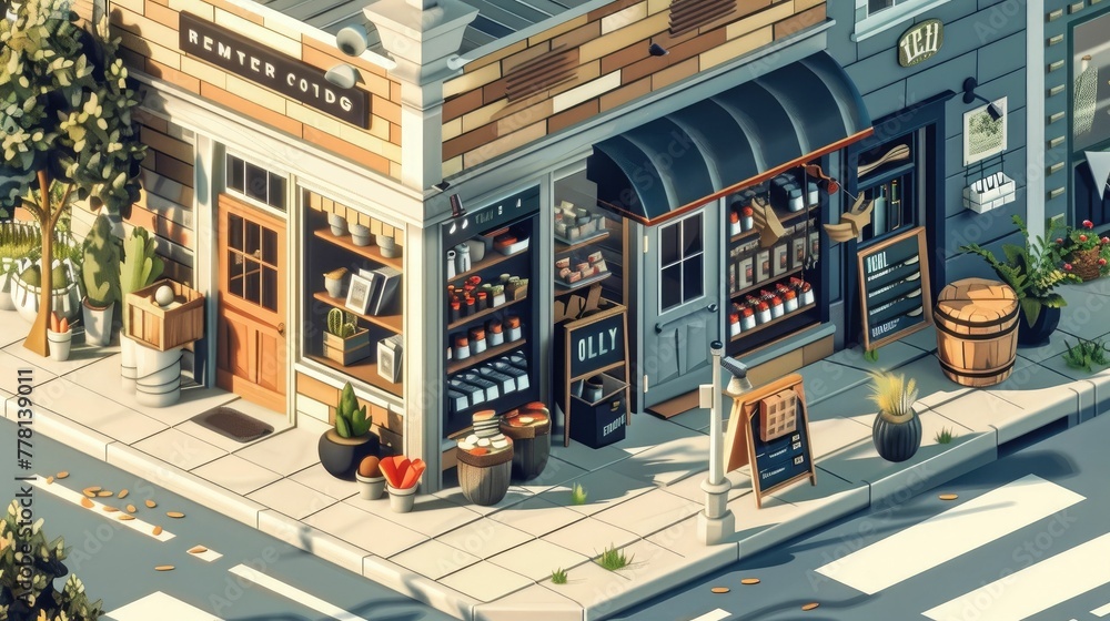 Cozy Isometric Ecommerce Scene of a Small Town General Store with Curated Selection of High Unique Artisanal Items