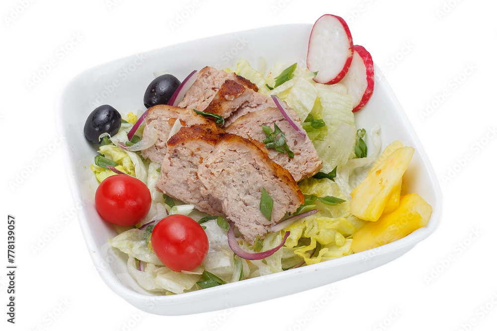 Salad with meat and vegetables. Isolated on a white background. Salad with meat and vegetables. Isolated on a white background.
