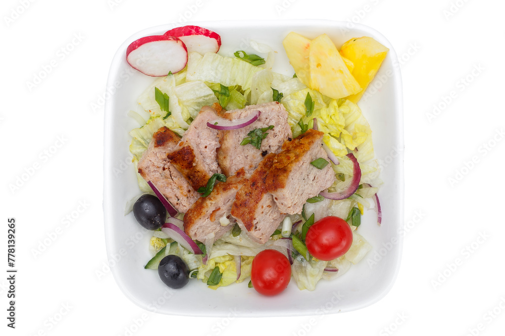 Salad with meat and vegetables. Isolated on a white background. Salad with meat and vegetables. Isolated on a white background.