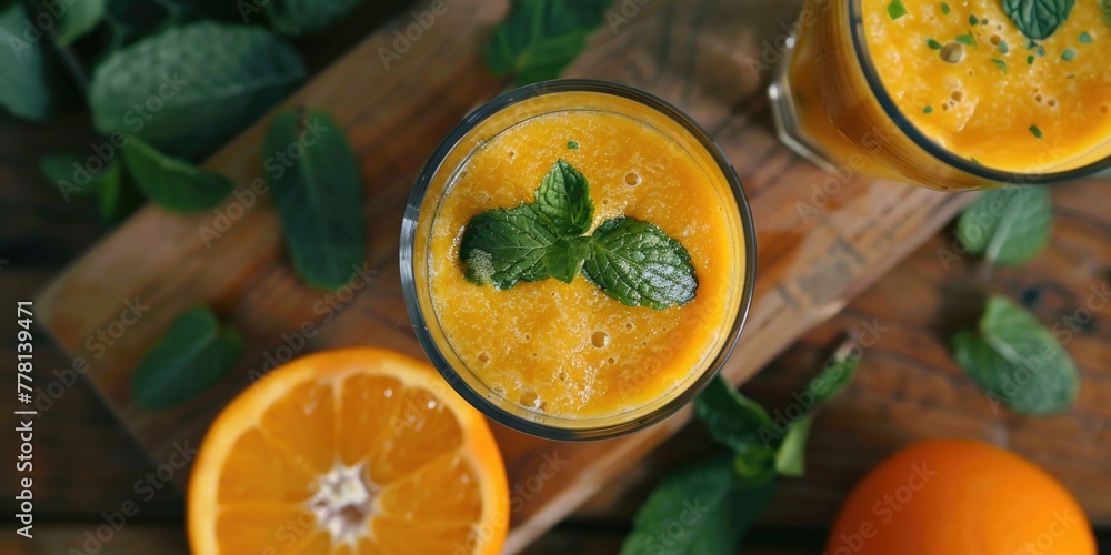 A glass of orange juice with a sprig of mint on top A glass of orange juice with a sprig of mint on top