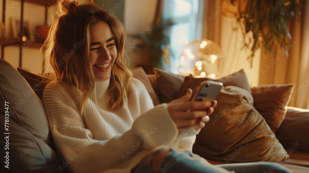 A woman is sitting on a couch and smiling while looking at her cell phone A woman is sitting on a couch and smiling while looking at her cell phone