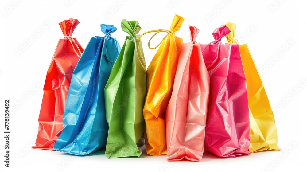 A row of colorful bags with a green bag in the middle