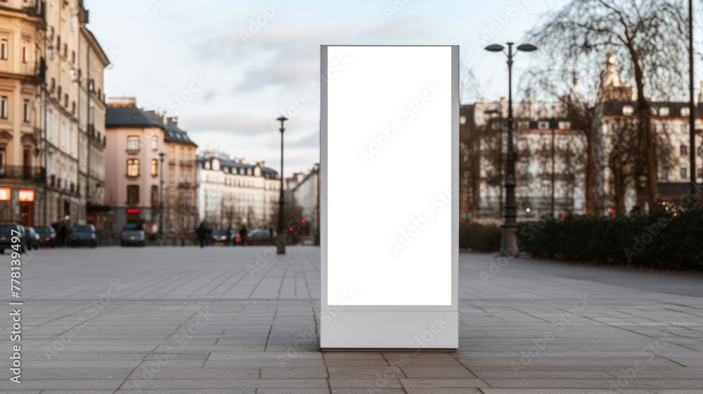 A large white sign is standing in front of a building A large white sign is standing in front of a building