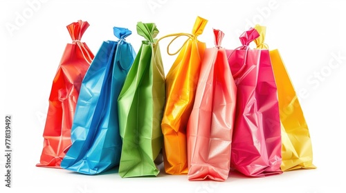 A row of colorful bags with a green bag in the middle