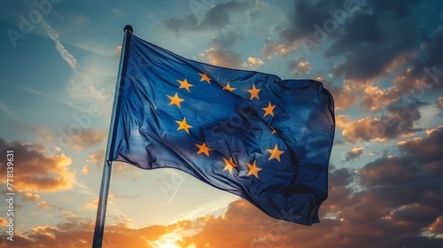 European Flag Flying Before Sunset