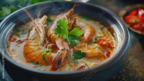 A bowl of soup with shrimp and cilantro