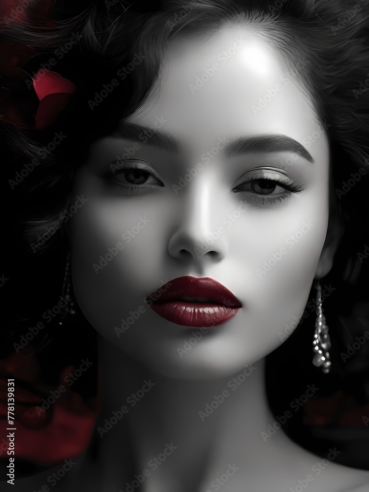 An alluringly intimate portrait of a woman's elegant features on black and white photography. Her lips exude sensuality and mystery. An alluringly intimate portrait of a woman's elegant features on black and white photography. Her lips exude sensuality and mystery.