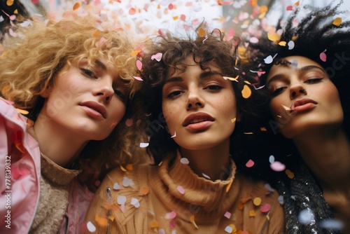 Three women are throwing confetti into the air