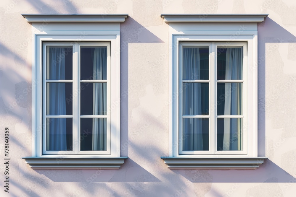 Two windows with white frames and blue curtains Two windows with white frames and blue curtains