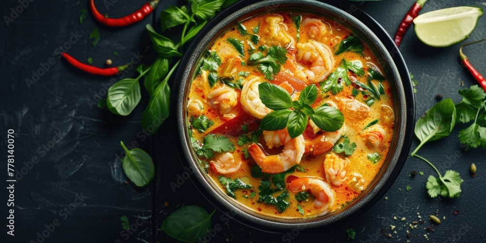 A bowl of shrimp soup with green herbs on a black table A bowl of shrimp soup with green herbs on a black table
