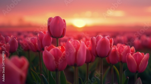 Pink Tulip Field at Sunset