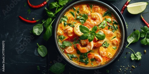 A bowl of shrimp soup with green herbs on a black table