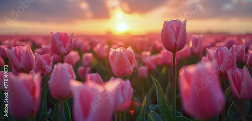 Field of Pink Tulips With Sun Setting