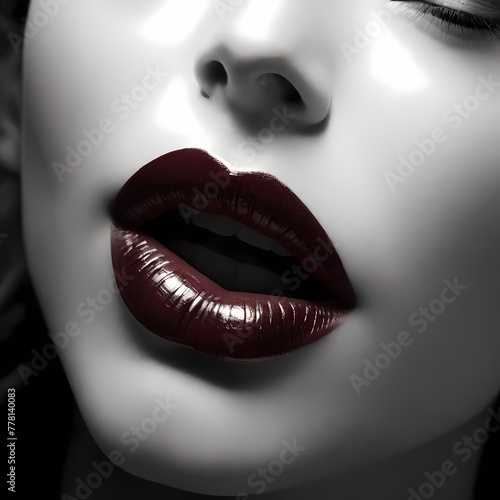 An alluringly intimate portrait of a woman's elegant features on black and white photography. Her lips exude sensuality and mystery. photo