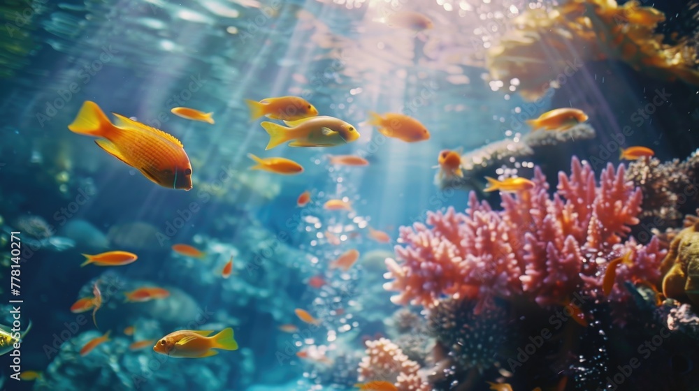 Fototapeta premium A group of fish swimming in a tank with a coral reef in the background