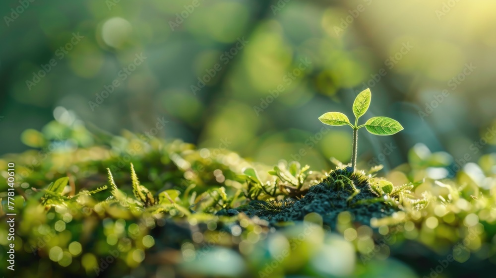 A small plant is growing in a patch of green moss A small plant is growing in a patch of green moss