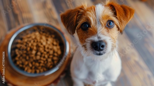 Brown and White Dog Sitting Next to a Bowl of Food