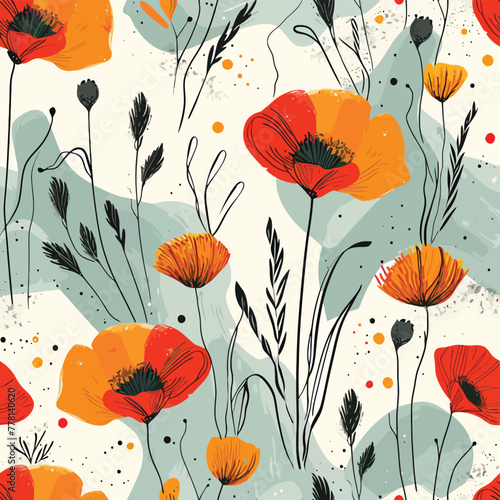 Vector Seamless Watercolor Pattern colorful Design - Texture a black background with pink, orange and green flowers