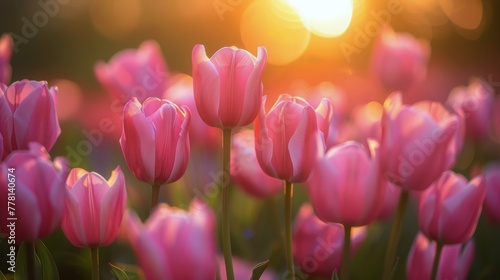 Field of Pink Tulips With Sun Setting