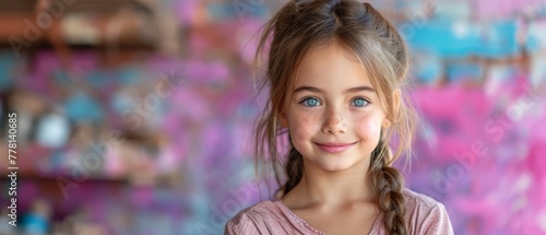 a close up of a child's face with blue eyes and a braid in front of a colorful background.