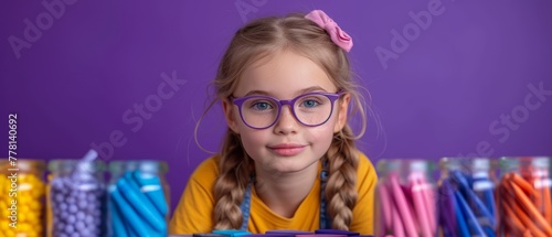 a little girl wearing purple glasses sitting in front of a table with many colorful candy sticks in front of her.
