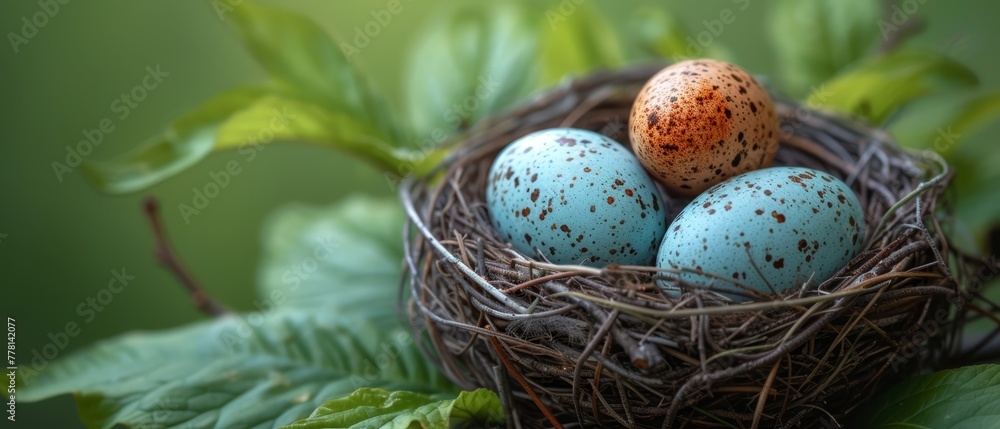 three eggs in a bird's nest on a leafy branch with a brown speckled egg in the middle of the nest.