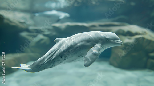 A majestic beluga whale gliding gracefully through crystal-clear waters  with a blurred background highlighting its beauty