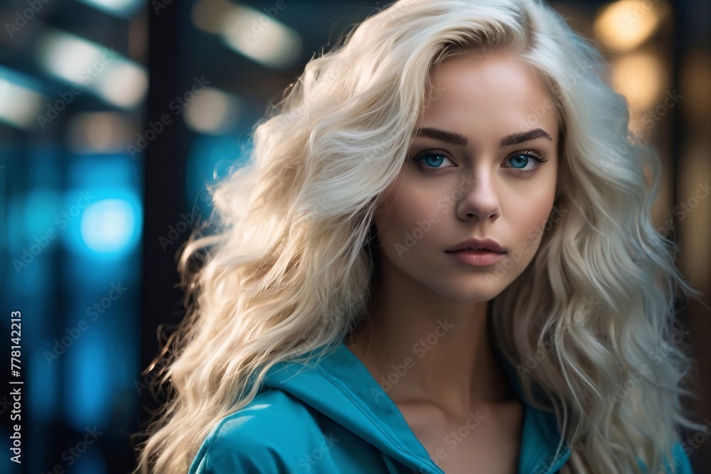 realistic portrait of a 21-year-old fit beautiful nordic woman wearing a minimalistic bright turquoise gym outfit. realistic portrait of a 21-year-old fit beautiful nordic woman wearing a minimalistic bright turquoise gym outfit.