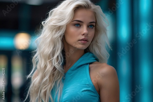 realistic portrait of a 21-year-old fit beautiful nordic woman wearing a minimalistic bright turquoise gym outfit.