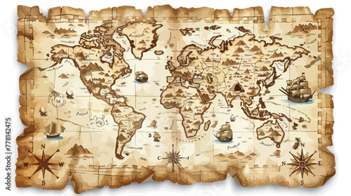 Old pirates treasure map with compass background Flat