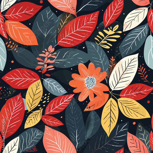 Vector Seamless Watercolor Pattern colorful Design - Texture a black background with orange and white flowers