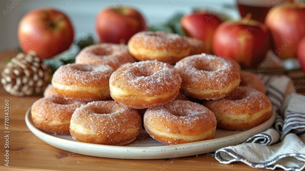 A plate of powdered donuts sits on a wooden table. The donuts are piled high, with some of them covered in powdered sugar. The apples in the background add a touch of color and freshness to the scene A plate of powdered donuts sits on a wooden table. The donuts are piled high, with some of them covered in powdered sugar. The apples in the background add a touch of color and freshness to the scene