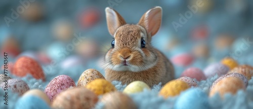 a close up of a rabbit in a field of eggs with a blurry background of eggs in the foreground. © Mikus