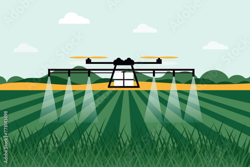 Drone icon in the field, a farmer or agronomist uses a drone to spray fertilizer on an agricultural field