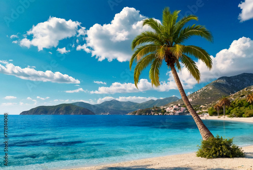 Palm tree on mountain against backdrop of azure Aegean Sea  lush mountains  fluffy clouds in blue sky and beach with white sand and people. Concept of relaxation  recreation and travel. Copy space