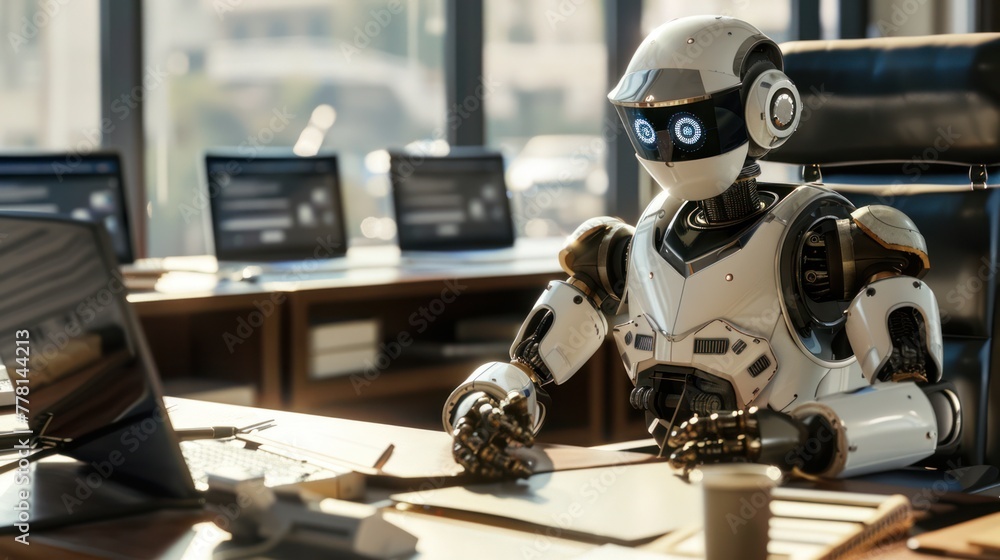 The Collaboration of Tomorrow - A human and a humanoid robot are immersed in a collaboration at a modern office desk, showcasing a seamless blend of technology and human interaction. The Collaboration of Tomorrow - A human and a humanoid robot are immersed in a collaboration at a modern office desk, showcasing a seamless blend of technology and human interaction.